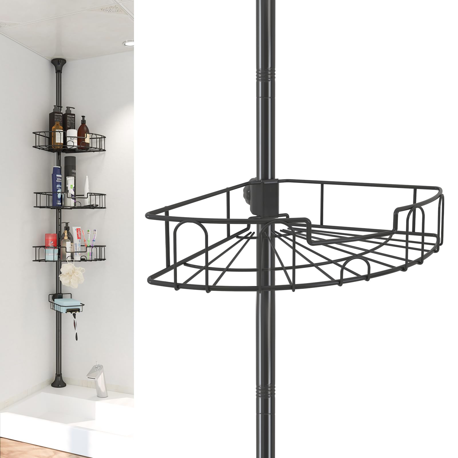 EUIJOIP Shower Organizer 39 to 125 Inch Height Adjustable Shower Caddy with 4 Adjustable Shelves Organization And Storage