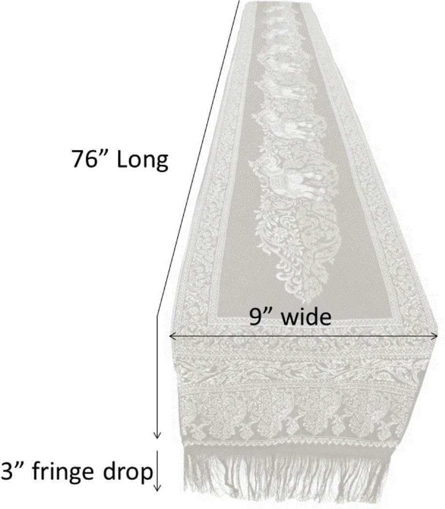 Thai Elephant Table Runner with Fringe | Small 76x9” Gold Brocade Bed Scarf | Embroidered Polyester with Decorative Paisley Floral Elephant Design for Dining Table, Coffee Table, Bed (Purple & Gold)