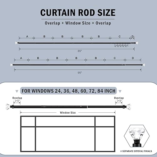 Miniatura 10 de Orger Barra de cortina de cristal mate negro para ventana de 30 a 68 pulgadas, barra de cortina ajustable con diseño de diamante, barra de