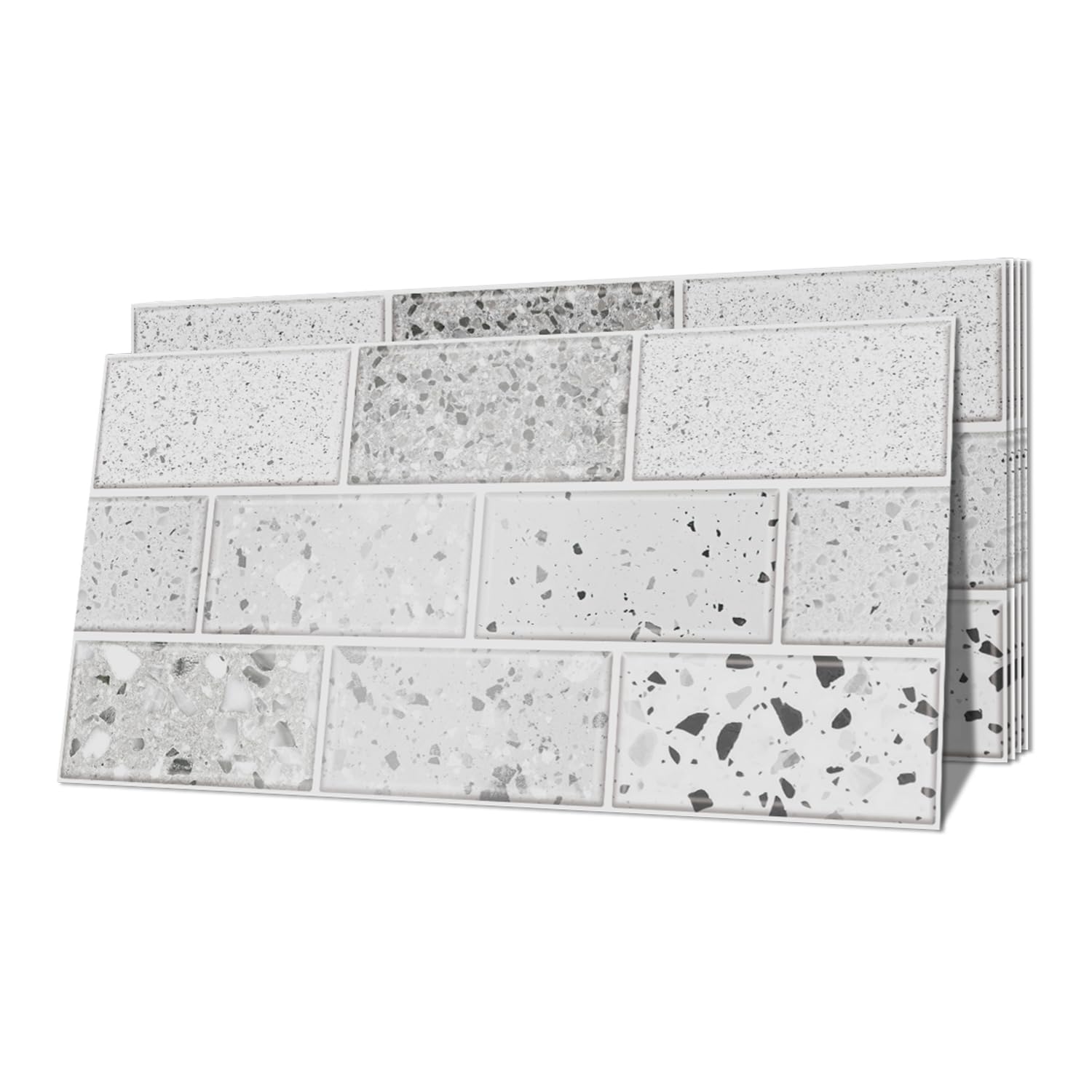 Alwayspon 30cmX15cmX12Pcs White Terrazzo Effect Thick Vinyl Wall Tile Sticker, Tile Decals Backsplash for Kitchen Bathroom Self-adhesive Peel and Stick Tile Transfer, Stick on Tile