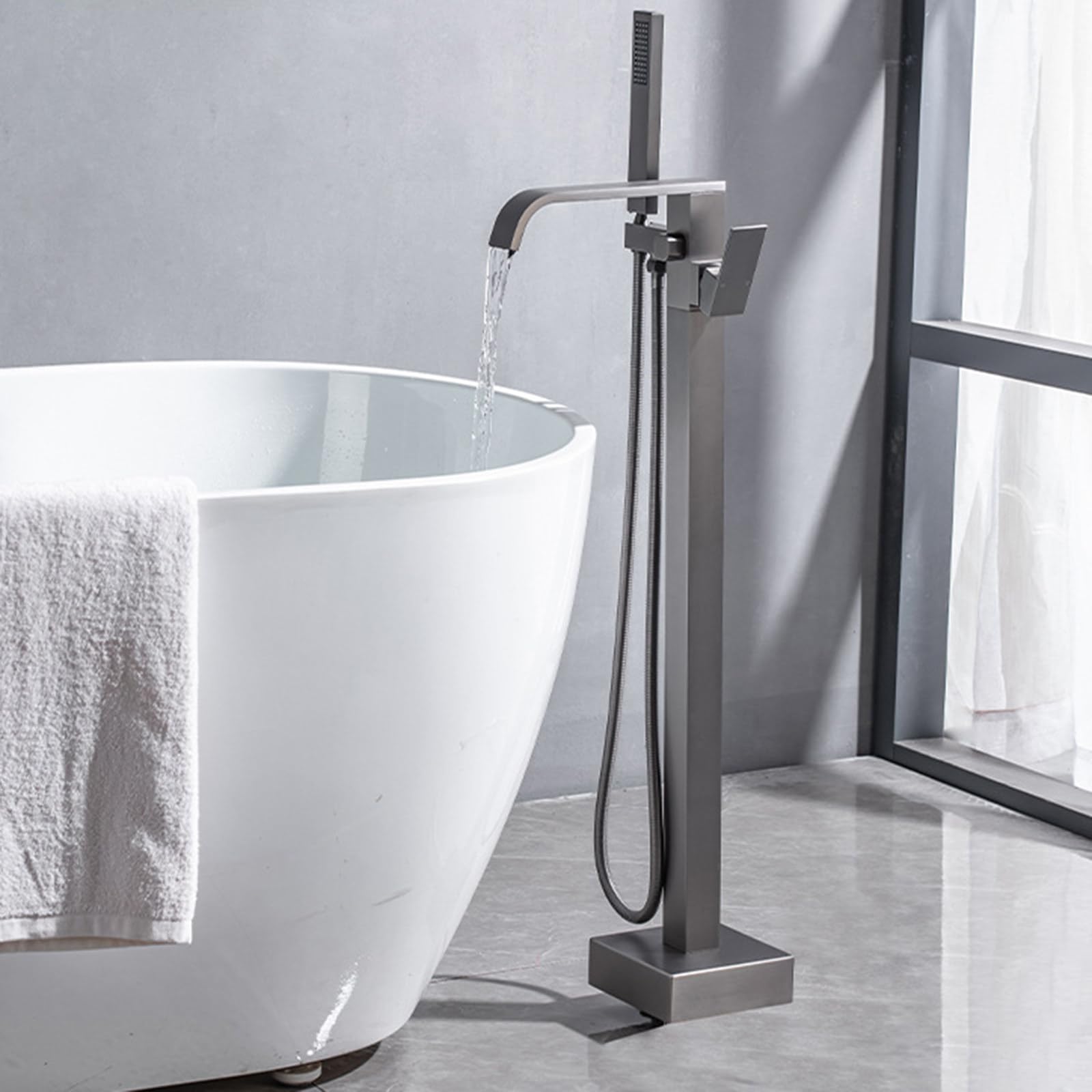 SWENEEN Modern Freestanding Bathtub Faucet Floor Mount Tub Filler Brass Single Handle With Handheld Shower For High Flow Bath Shower Experience,Gun Gray
