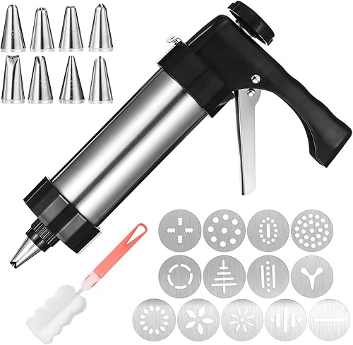 Miniatura 2 de Kit de pistola de prensa de galletas, prensa de galletas de acero inoxidable para hornear pistola con 13 discos, 8 puntas de tuberías y cepillo de