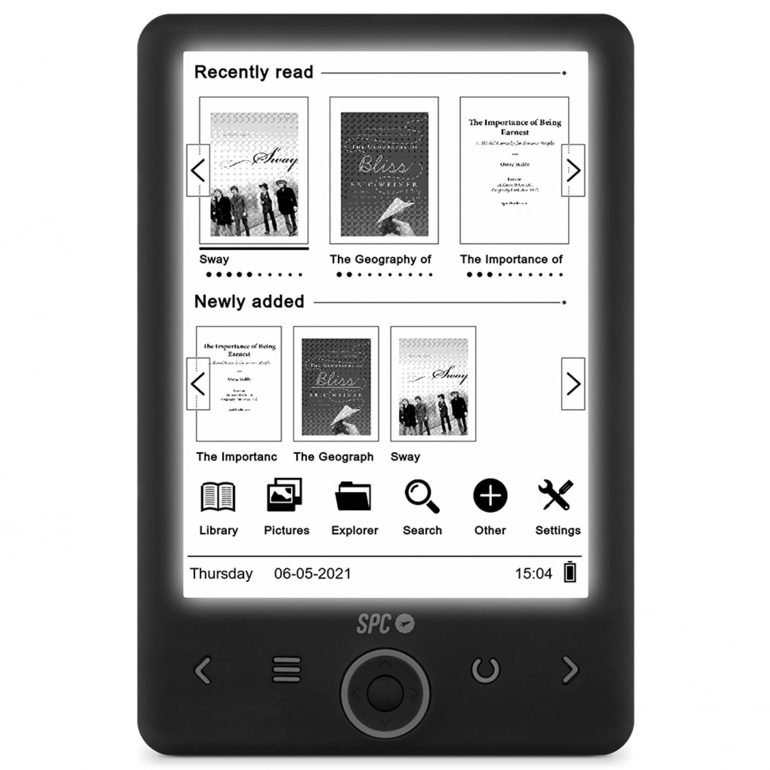 SPC Dickens Light 2 - Libro electrónico con Pantalla retroiluminada y luz con 6 Niveles de Intensidad, Teclas Frontales, posición Vertical y Horizontal, 1 Mes de autonomía, Ligero y Fino, Color Negro