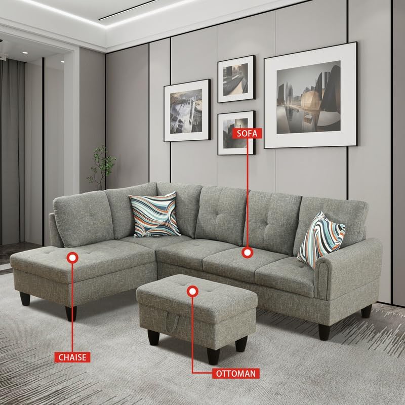 Grey Linen Living Room Sofa Ottoman Living Room Sofa for Home Office Bedroom Living Room, Strong Bearing Capacity Sofa Small Sofa Setee