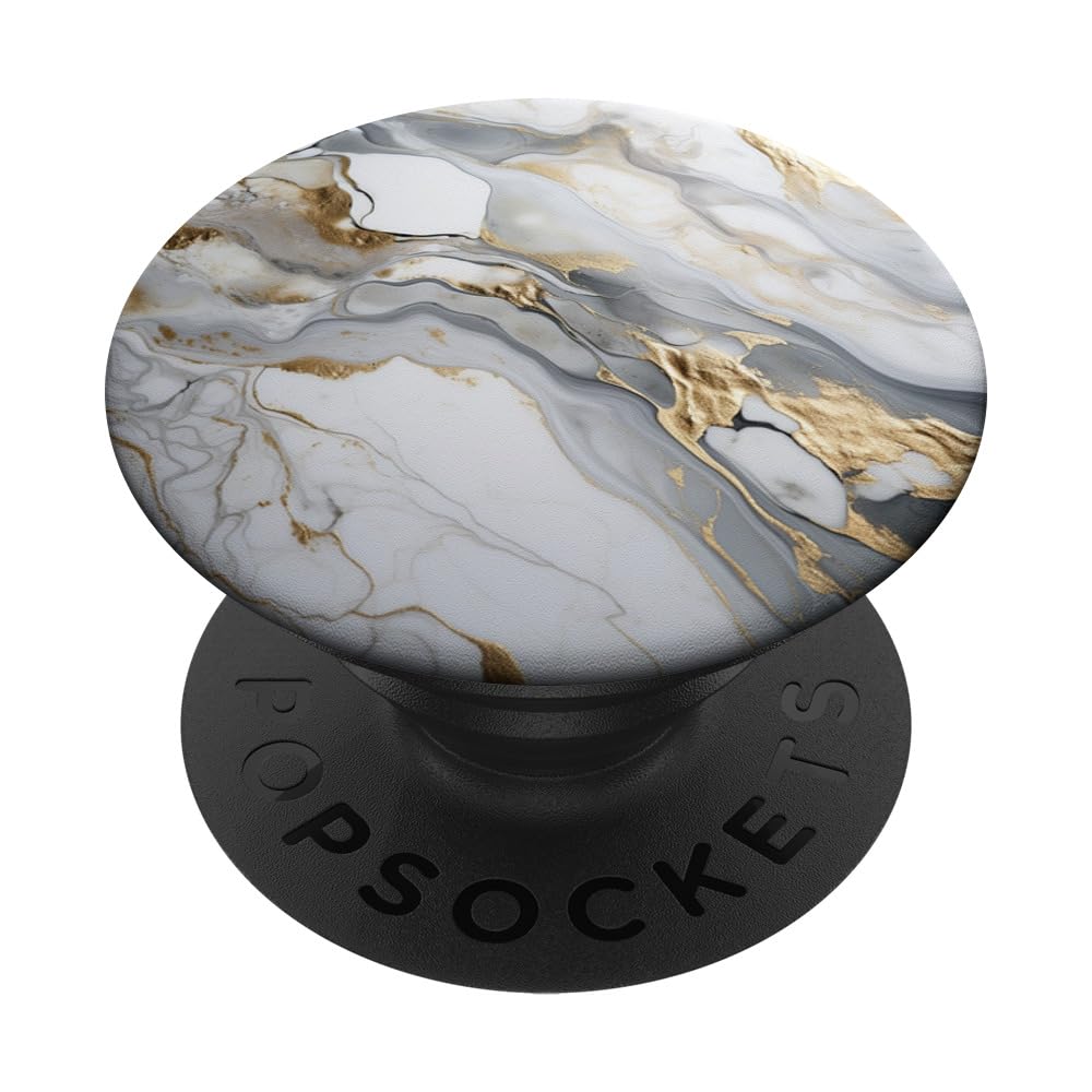 White Marble with Gold and Blue Pattern PopSockets Swappable PopGrip, Black