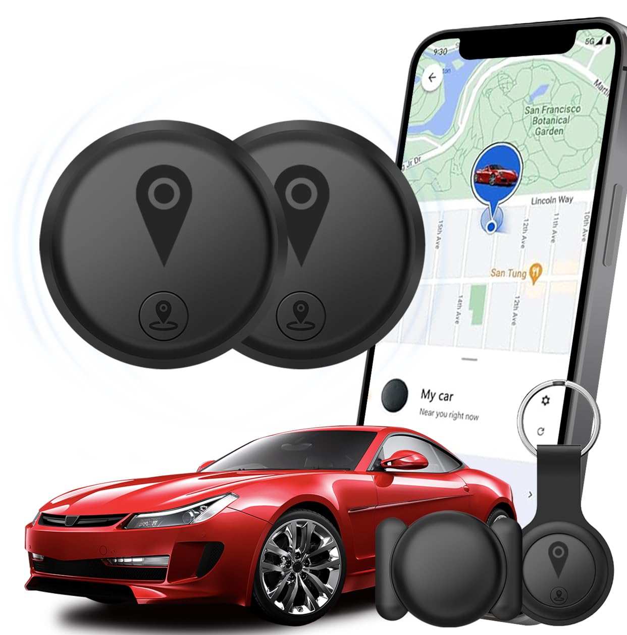 Localizzatore GPS per Auto,Confezione da 2 Localizzatori GPS per Veicoli,Mini Tracker GPS Portatile Compatibile con l’App Dov’è di iOS (Solo iOS),Senza Abbonamento Mensile né Scheda SIM Richiesta-Nero