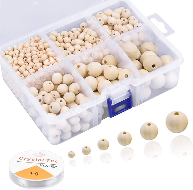 1105 Pcs Wooden Beads for Crafts, Natural Round Wooden Beads 6mm 8mm 10mm 12mm 16mm 20mm, Assorted Wood Beads Set with Elastic Beading Cord Invisible Nylon Thread for DIY Jewelry Macrame Making