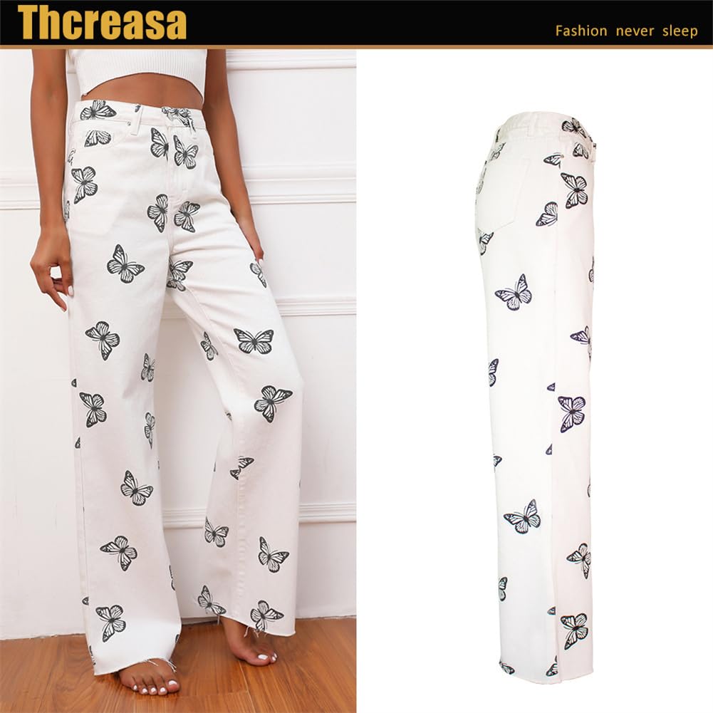Pantalones Anchos Blancos Informales Sueltos, Pantalones Largos, Jeans Tipo Fregona De Pierna Recta con Mariposas