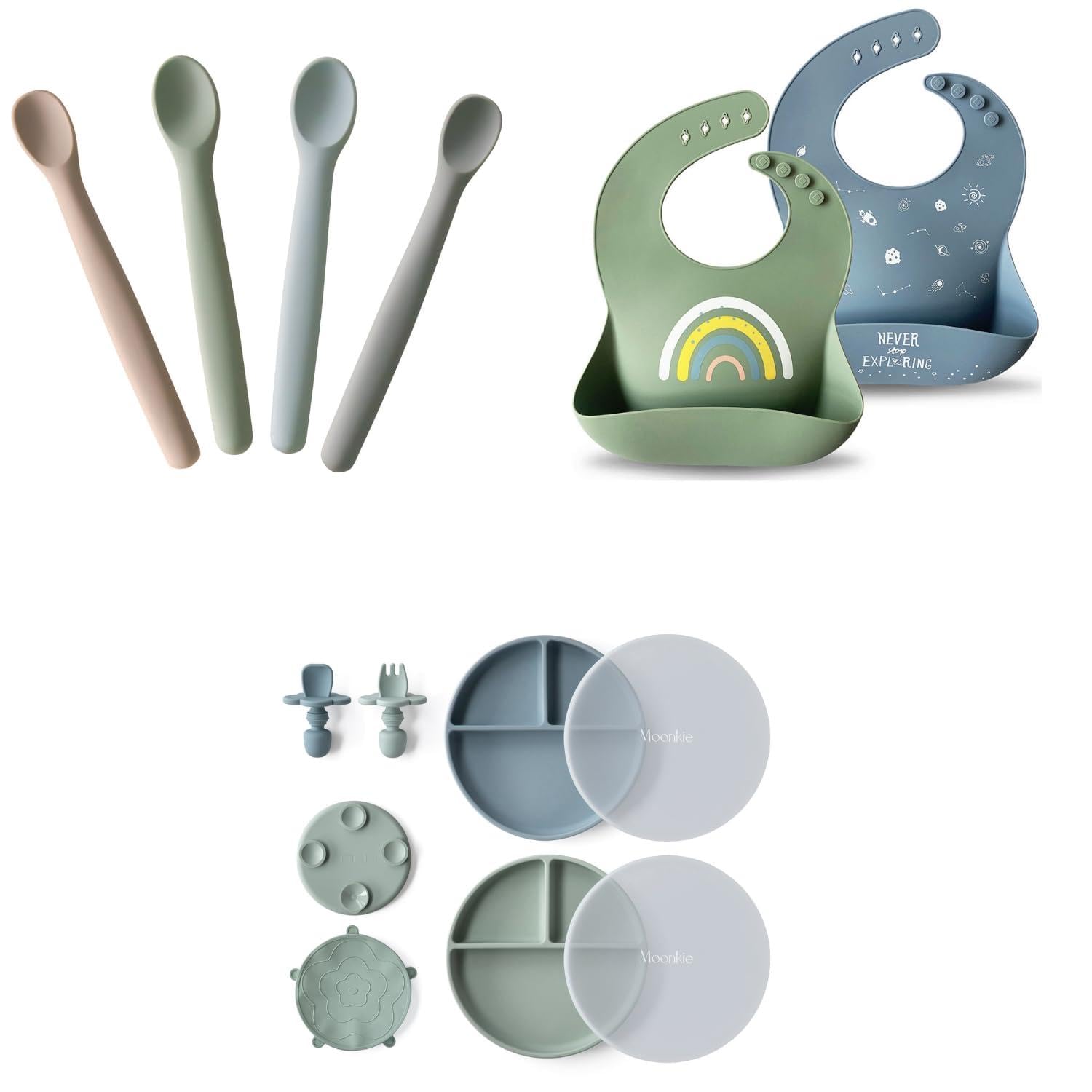 Moonkie Silikon Baby Esslern-Set, Lernlöffel 4er-Set, Saugnapf-Kinderteller mit Gabel & Löffel Sowie Verstellbarem Silikon-Lätzchen, Beikost Zubehör für Selbstständiges Essen