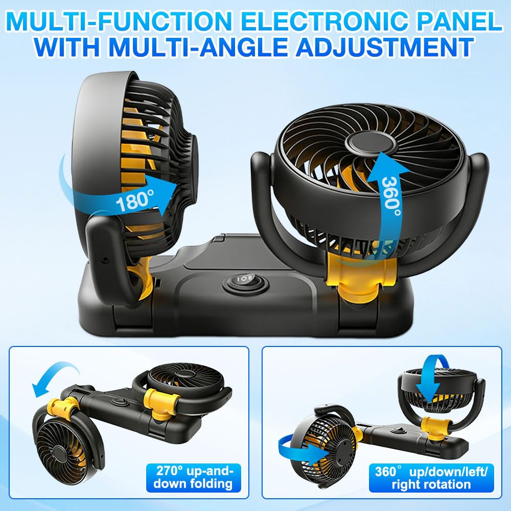 Ventilatore per auto, 12 V, doppia testa, portatile, rotazione a 360°, silenzioso, a 2 velocità, con presa accendisigari, per camion, SUV, camper