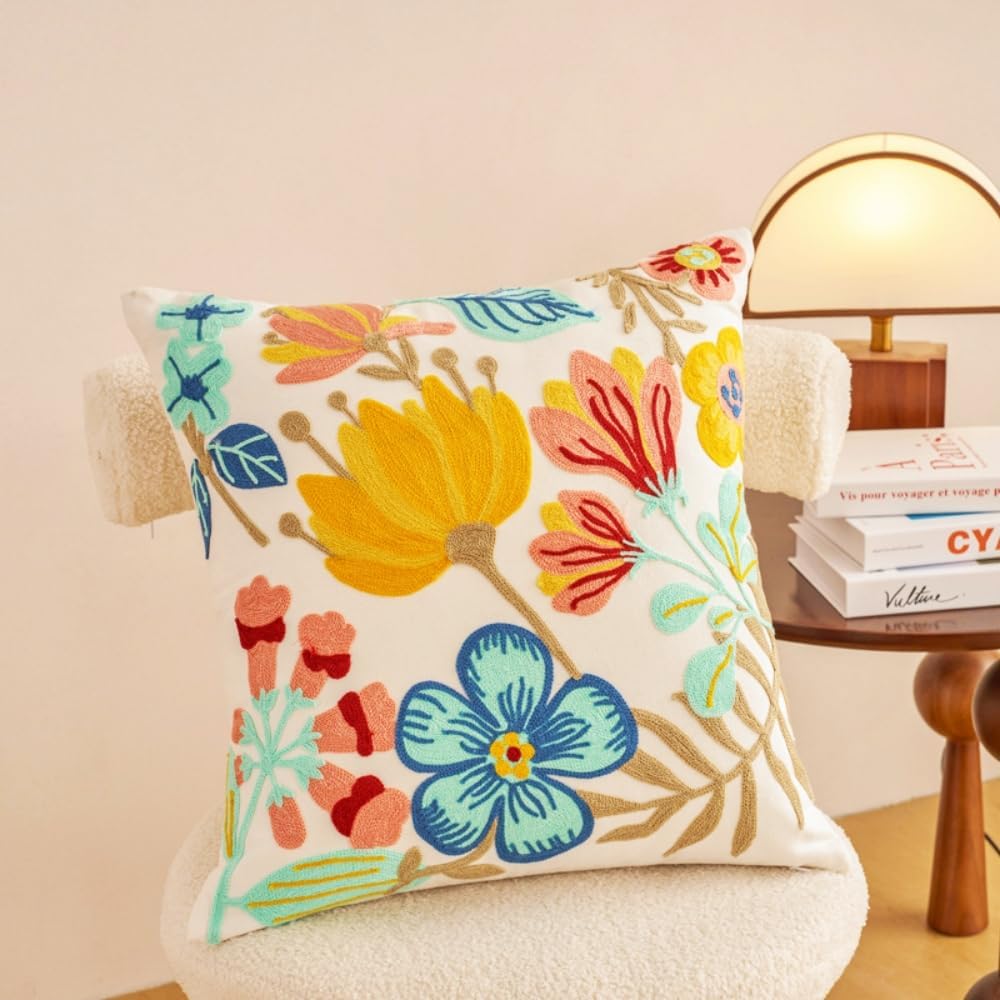 IcosaMro Pack of 2 Embroidered Floral Decorative Throw Pillow Covers 18x18 Inches Seasonal Blossom Embroidery Pillow Cases for Outdoor Couch Sofa Bedroom Living Room Decor Cotton Cushion Covers