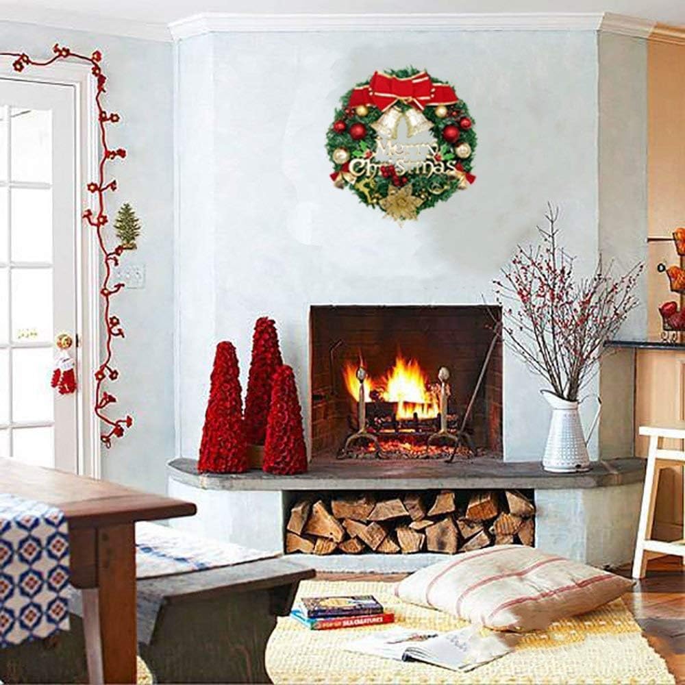 H&W Couronne de Noël artificielle de taille moyenne (40 cm) pour porte d'entrée, mur, fenêtre, poinsettia artificiel avec clochette, nœud et petits ornements (MC7-D1)