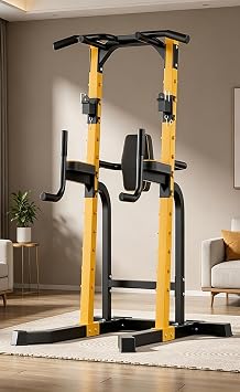 Power Tower Pull Up Bar Station, Multi-Function Home Gym Training Fitness Equipment with Adjustable Height,Workout Dip Station with -Shaped Stable Base & 900KG Load Capacity,Yellow