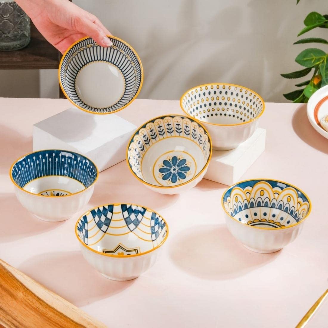 Nestasia Ceramic Bowl Set of 6 | Microwave & Dishwasher Safe Snack Bowls | Different Patterns with Textured Exterior | Ideal for Snacks, Soup, Rice, Dal, Curries, Sabji (280ml)