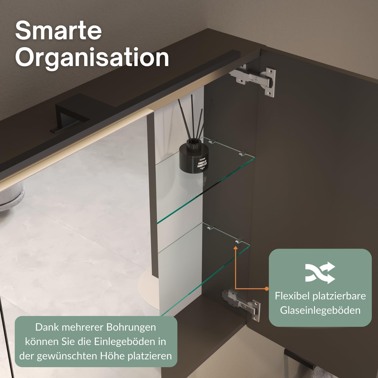 Armadietto Da Bagno Con Specchio ARIA 120cm - Illuminazione LED, Presa Integrata, Bianco/Grigio - Foto 12