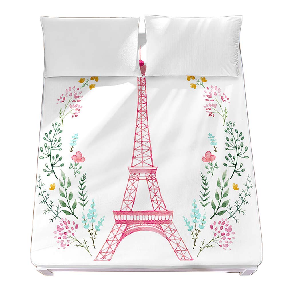 Drap housse Tour Eiffel rose 180x200cm pour chambre parentale cocooning