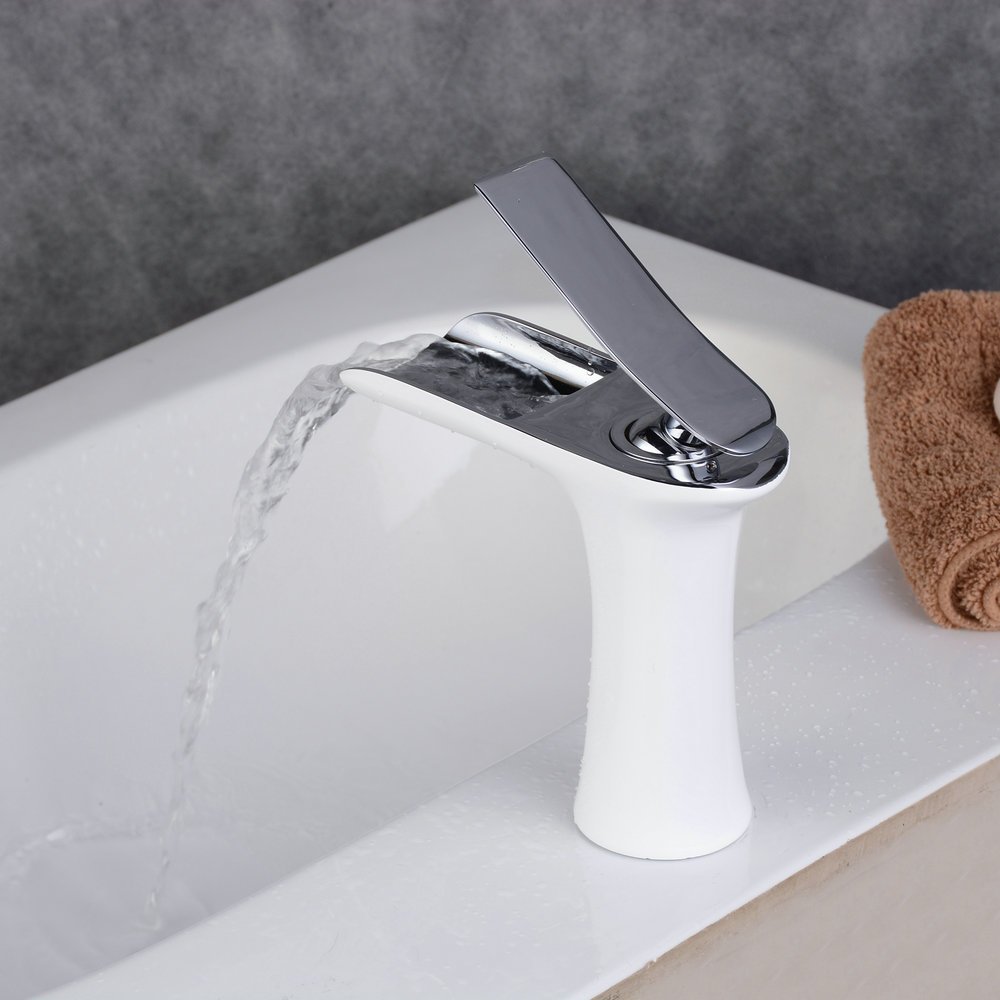 Grifo Cascada Monomando, Grifo de Lavabo Baño, Agua Fria y Caliente Disponible, Pintura blanca y cromo, Beelee BL9009W