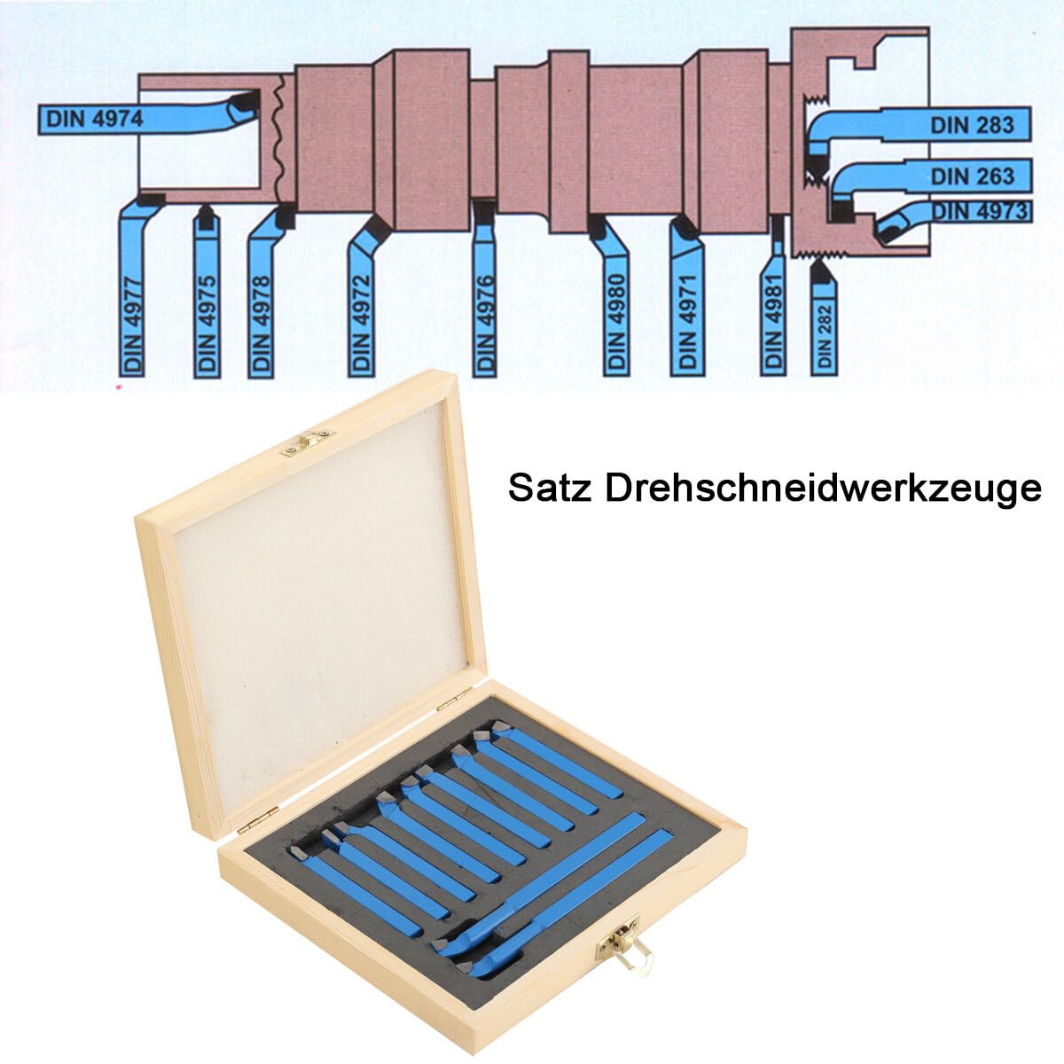 11-teiliger Drehmeißel-Satz – Hartmetall & Kohlenstoffstahl, 8x8 Mm, Mit Holzkoffer Für Drehmaschinen