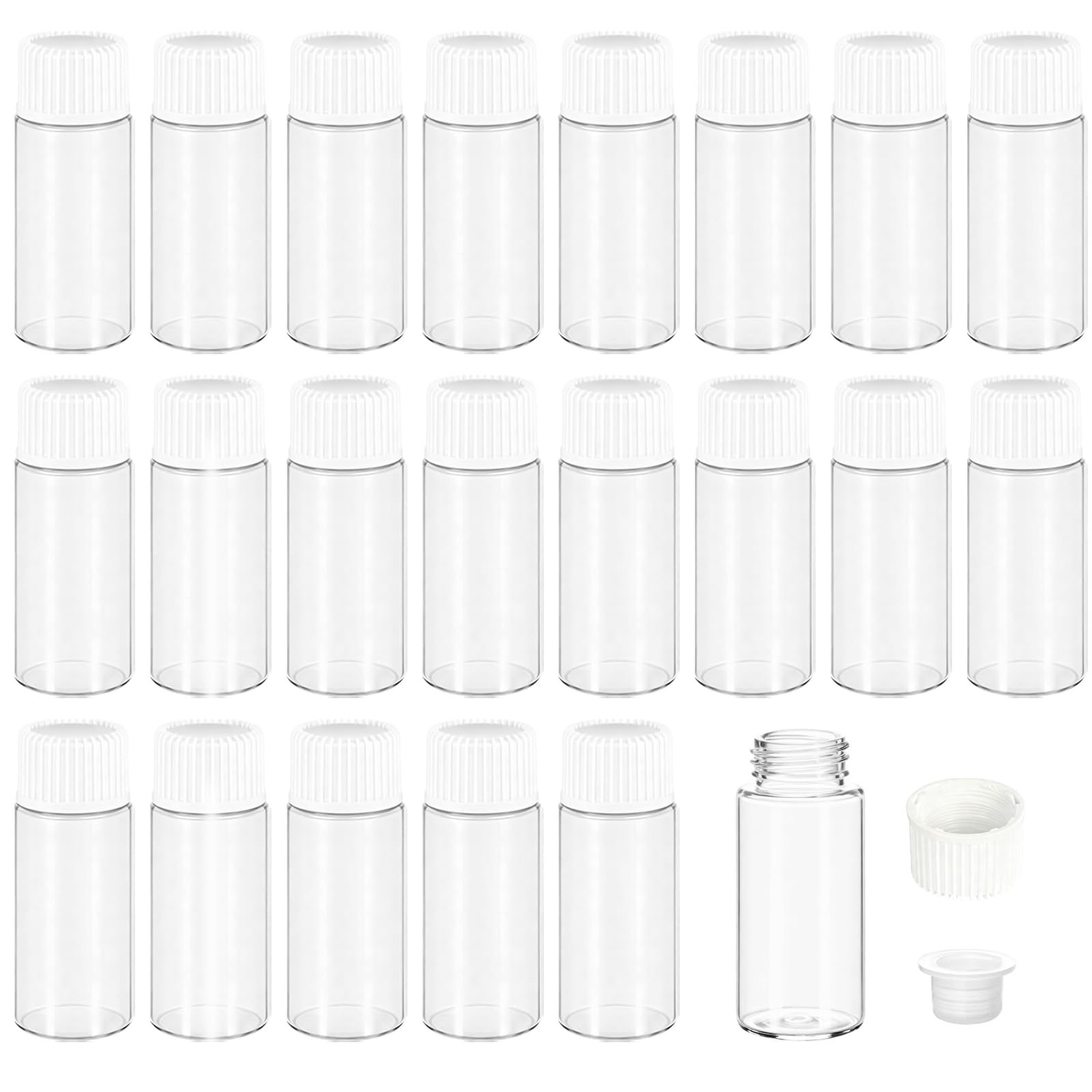 24 Pezzi Piccola Bottiglie di Vetro Campione,5ml Fiale di Vetro Trasparente Essential Oil Sample Glass Bottle Vial con Tappo a Vite in Plastica Contenitore