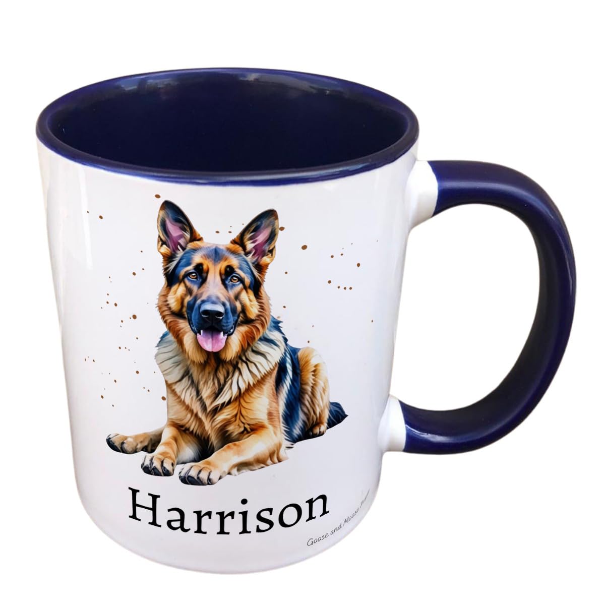 Personalised German Shepherd Mug, Gift for Puppy Lover, Thank you Present for Dog Owner, Housewarming Coffee Cup, Country Style Kitchenware (Navy)