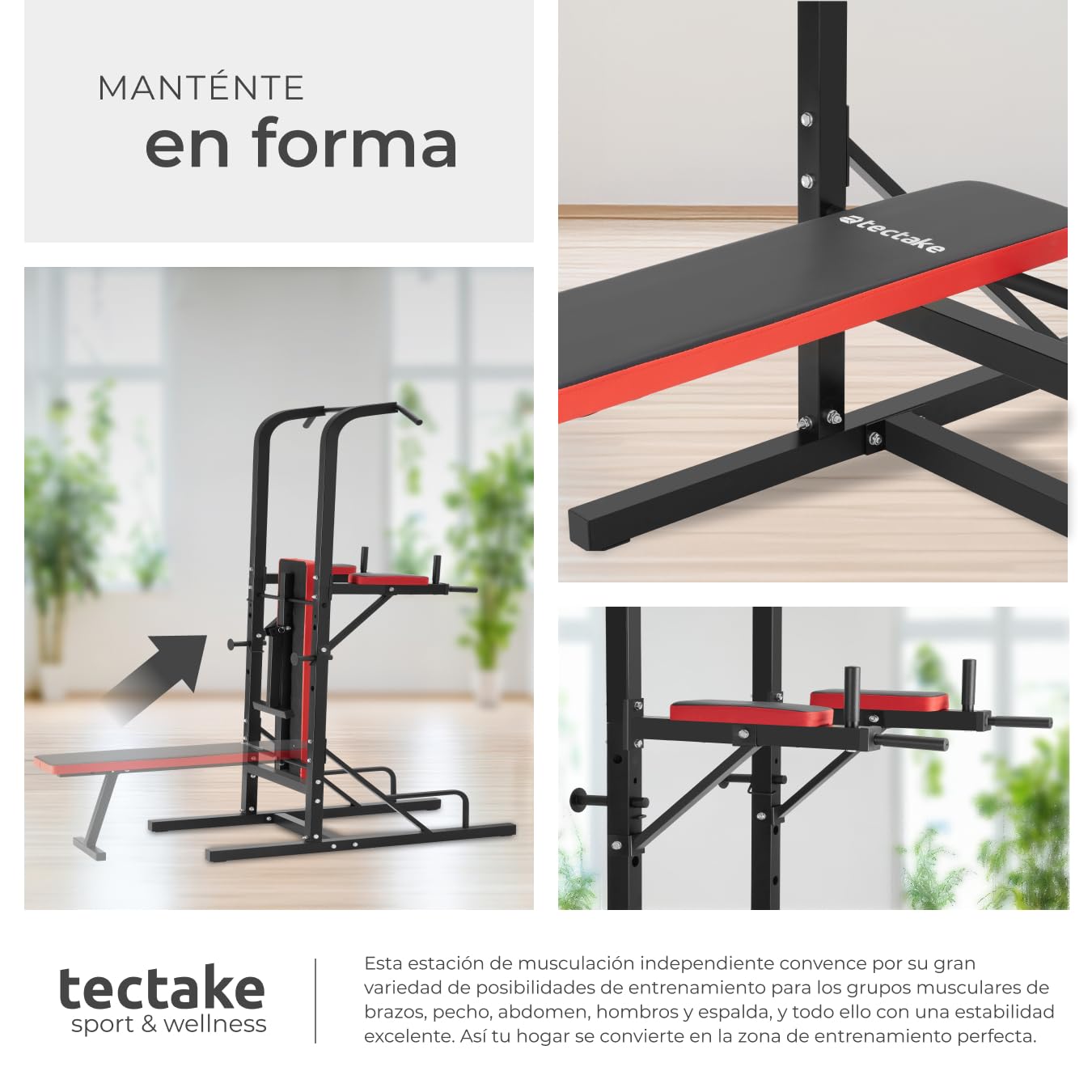 tectake® Banco Musculación Multifuncional, Plegable, Barra Dominadas, Soporte Barra Pesas, Multiestación Musculación, Gimnasio en Casa, Ejercicio en Casa, Fitness - Negro