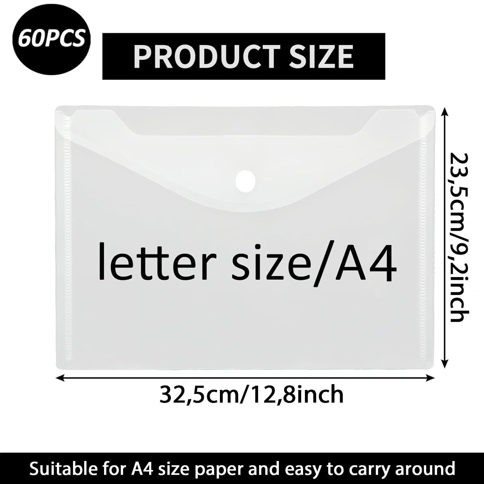 ASelected Pack de 60 Fundas Plástico A4 Transparentes con Botón a Presión, Portadocumentos A4 y Carpeta Plástico Mate, Sobres Transparentes para Oficina, Hogar y Escuela