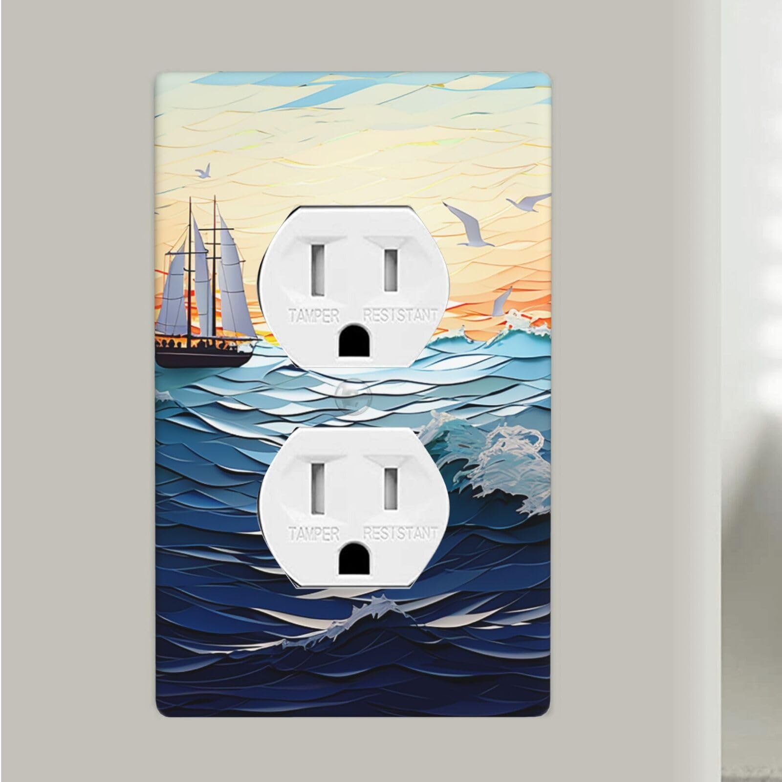 Ocean Waves Sailboat With Birds Maritime Duplex Receptacle Outlet Covers, 1-Gang Standard Size Wall Plates Unbreakable Polycarbonate Electrical Switchplate Cover Faceplate For Bathroom Kitchen Decor