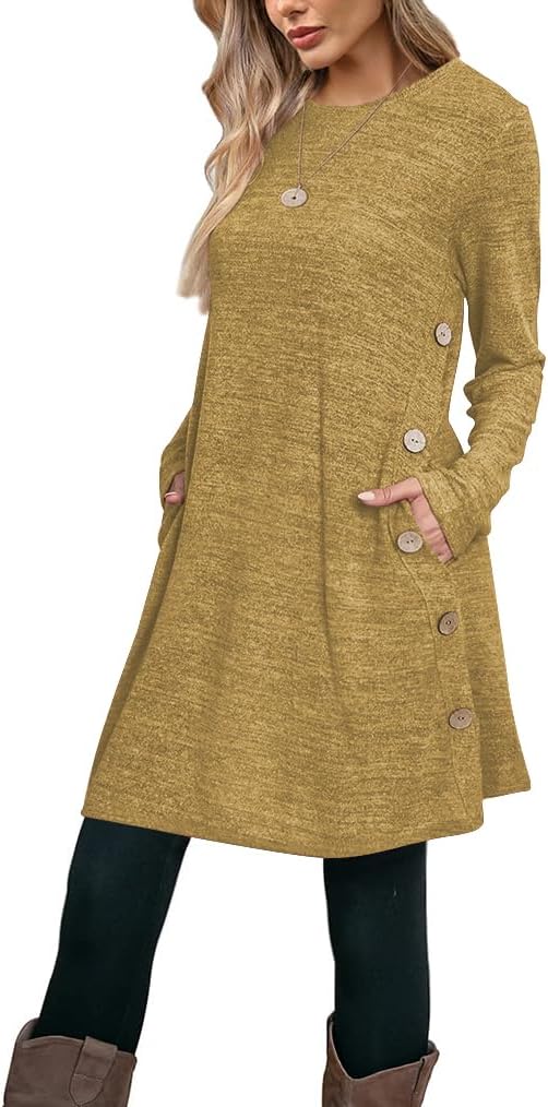 Poetsky Womens Tunic or Tops to Wear with Leggings Long Sleeve Side Buttons Swing Casual Long Shirts with Pockets S-3XL