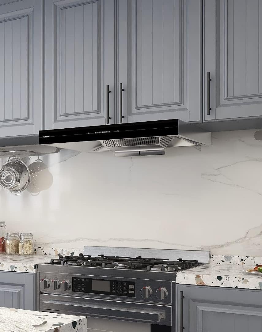 ROBAM A832 Range Hood installed under a kitchen cabinet.