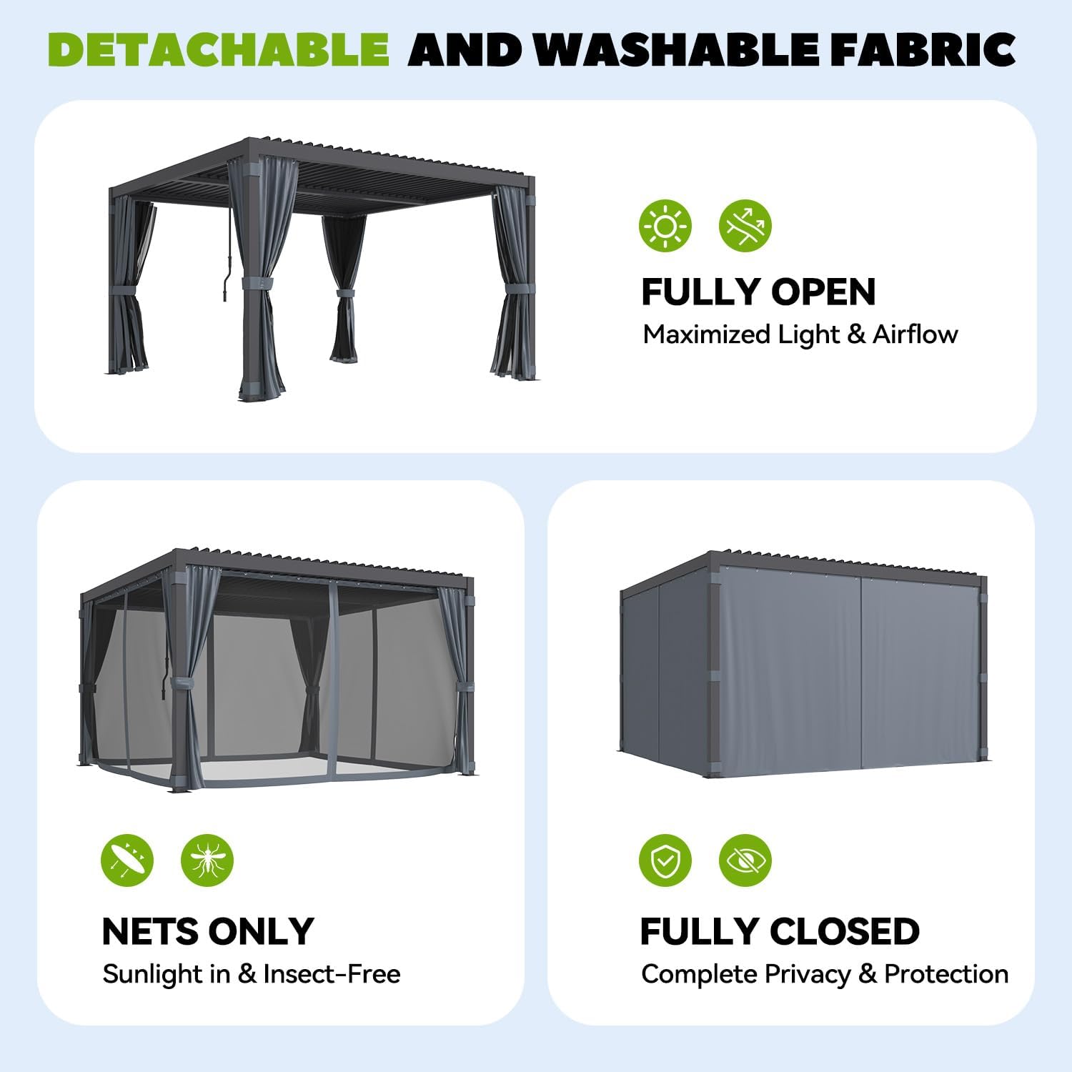 Detachable and Washable Fabric options: fully open, nets only, fully closed