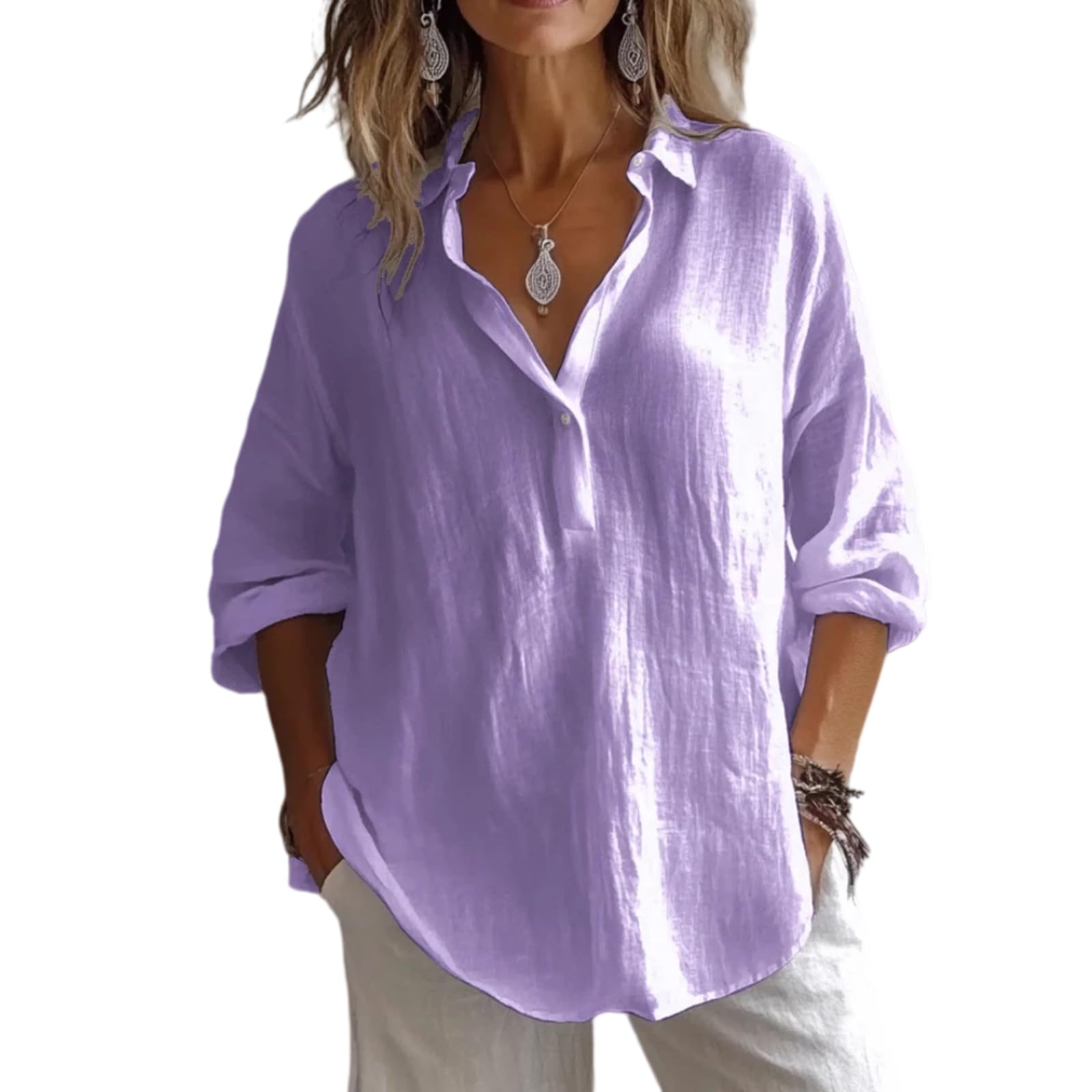 Chemise en Lin V, Top Ample Manches 3/4(Violet,as4,Alpha,x_l,Regular,Regular)