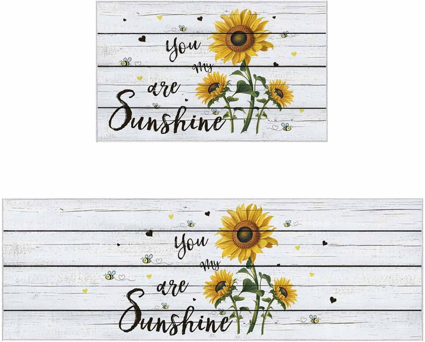Z&L Home Kitchen Rug Sets 2 Piece Floor Mats Non-Slip Rubber Backing Area Runners Sunflowers Bee on Wooden Doormat You are My Sunshine Indoor Washable Carpet Door Mat Pad