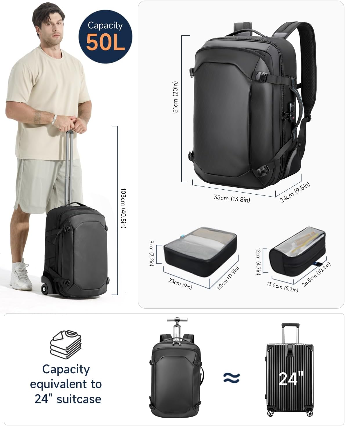 Rolling Laptop Backpack, 2 in 1 Carry on Backpack with Wheels, Water Resistant Carry on Suitcase with 2 Packing Cubes, TSA Large Travel Wheeled Backpack for Men to Airline Work Business, Black