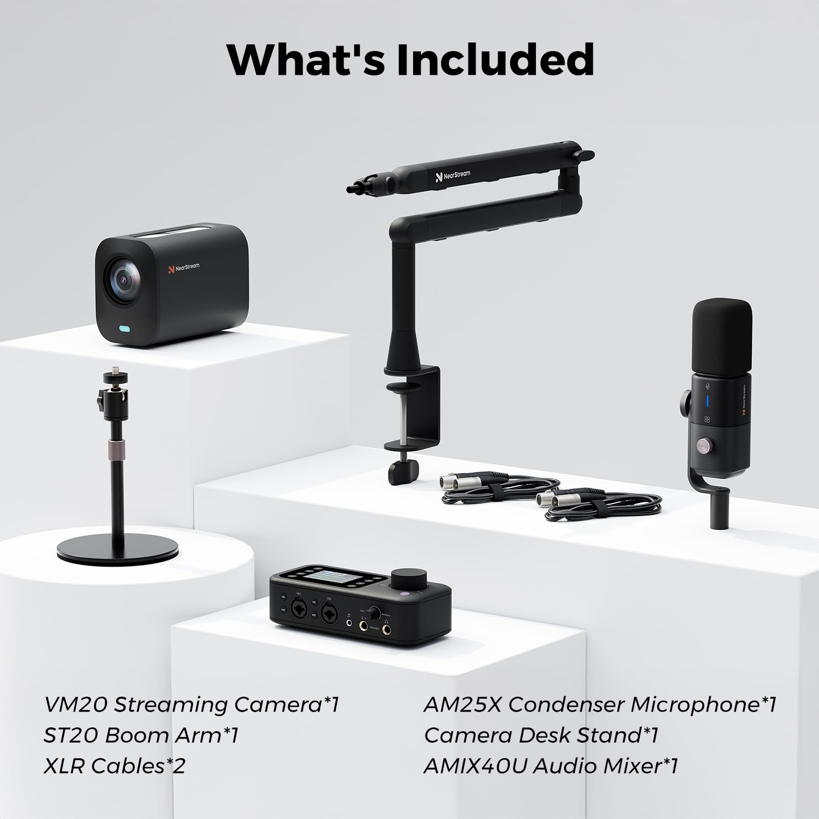 NearStream PodPro Solo Podcast Kit Podcast con 1 VM20 4K Streaming, 1 microfono AM25X, 1 braccio boom ST20, 1 mixer audio AMIX40U, 1 treppiede per fotocamera e 2 cavi XLR, per live stream/podcast