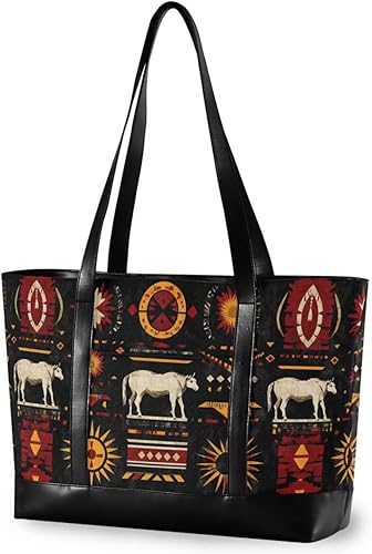 Miniatura 1 de Native American buffalo sun symbols red black Sturdy bags for women for work with zipper laptop tote bags for work for college with travel maletin