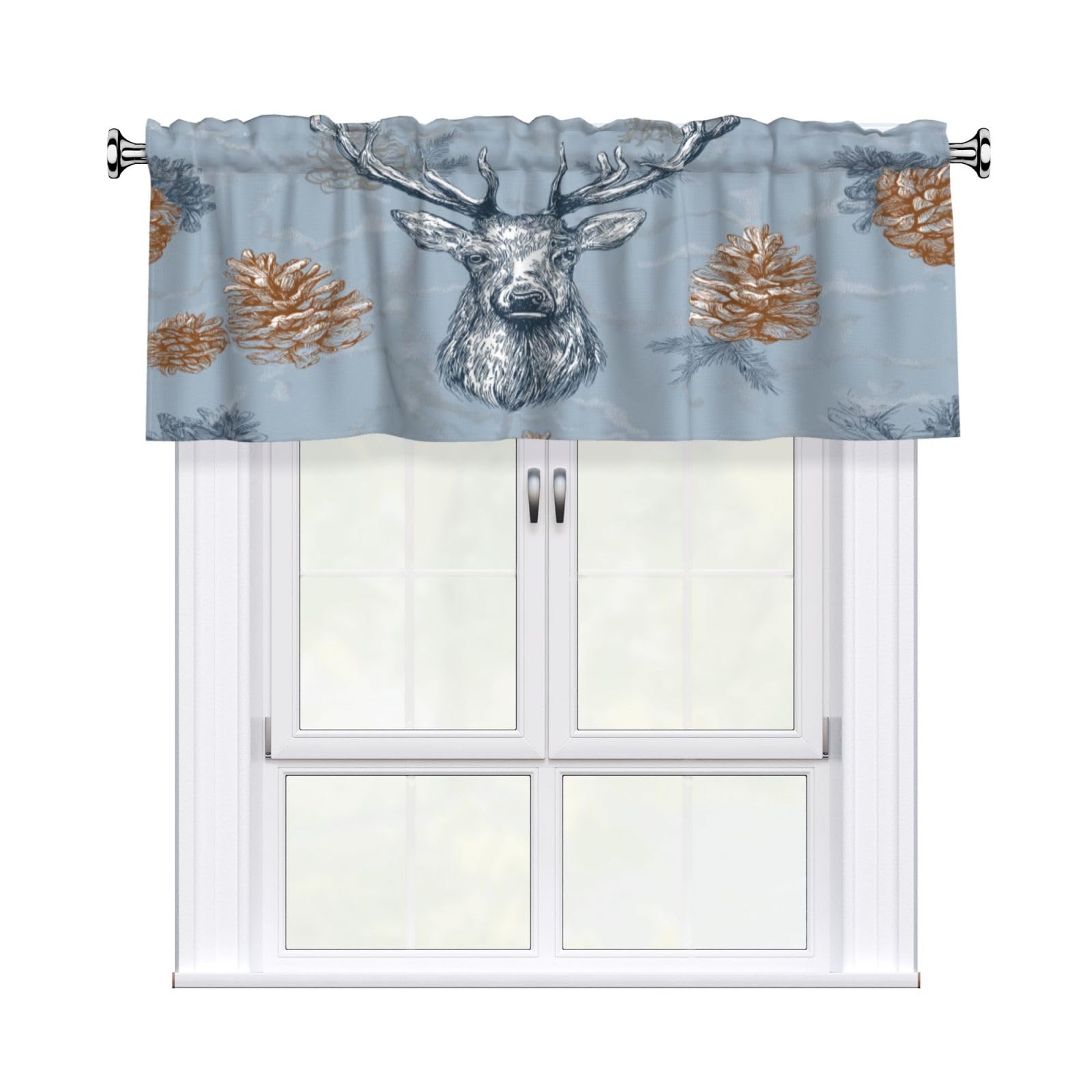 Woshuwo Majestic Deer And Pine Cones Valances For Windows Rod Pocket Window Treatment Short Curtains For Kitchen Living Room Bedroom Decor 54x18in