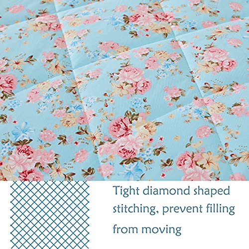 Fadfay Rose Floral Comforter Set King Farmhouse Blue Floral Summer Quilt 100% Cotton Fabric & Soft Microfiber Inner Fill Bedding Lightweight All Season Down Alternative Shabby Duvet Sets 3Pcs, King #TOP3