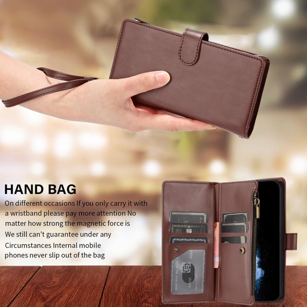 Generic Étui compatible avec Xiaomi Redmi 15 5G (couleur : marron) Étui portefeuille en cuir à fermeture éclair Design élégant