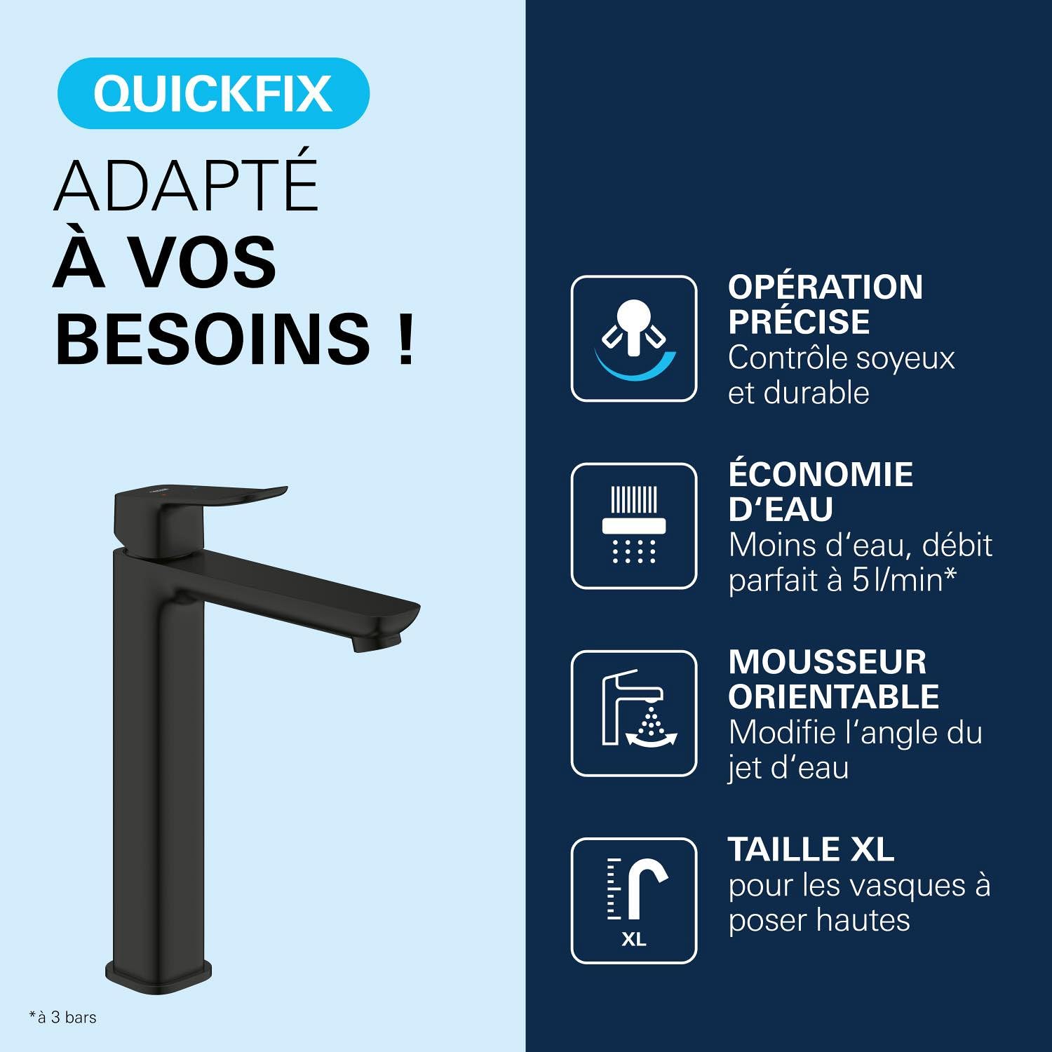 GROHE Dice Mitigeur monocommande Taille XL pour vasque à poser (Robinet pour Lavabo de Salle de bain, Facile à installer avec QuickTool inclus, Economie d'eau), Noir Mat,1018922430