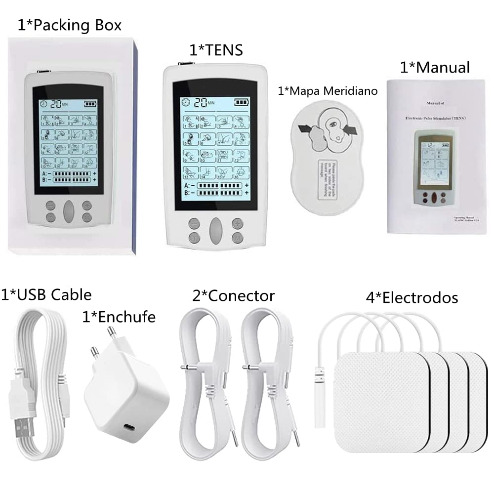 TENS Electroestimulador, USB Electroestimulador Muscular con 16 Modos 20 Intensidad, 2 Canales 4 Electrodos, Aliviar Preciso, Eficaz y Seguro del Dolor Muscular