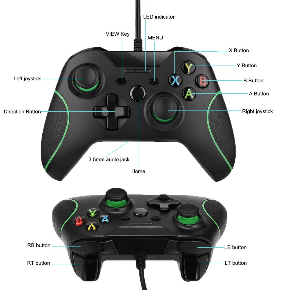 Manette filaire pour Xbox One, double vibration USB, manette de jeu filaire Xbox One, compatible avec Xbox One/S/X/PC, Windows 7/8/10, avec prise jack audio 3,5 mm