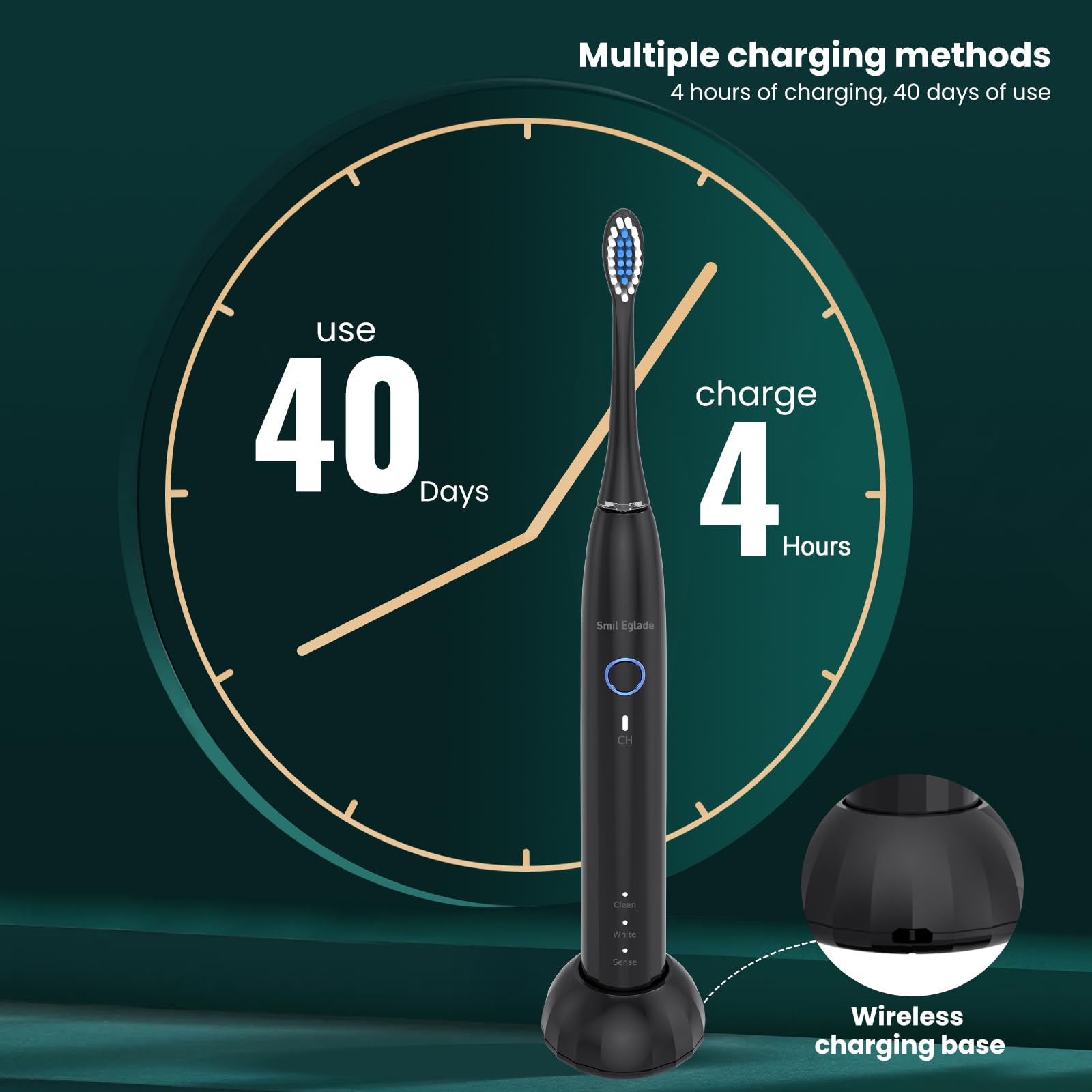 NBGRLVS Spazzolino elettrico ricaricabile Sonic per adulti con 4 testine, 3 modalità, timer intelligente da 2 minuti e ricarica rapida di 6 ore, perfetto per viaggi e facile cura dentale (nero)
