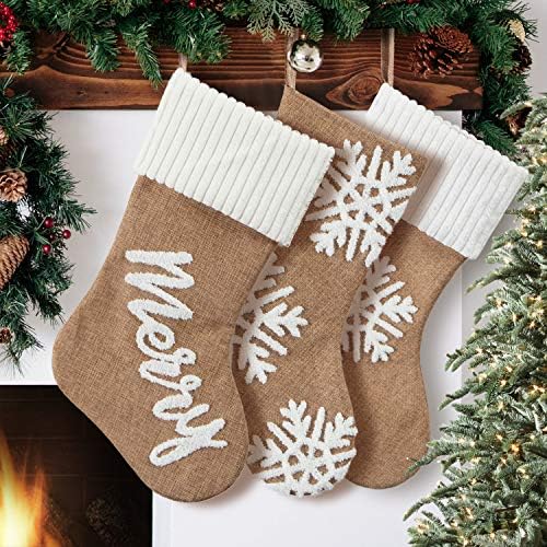 GMOEGEFT 18 Inches Christmas Stocking Set of 3 Burlap with Snowflake Applique Farmhouse Style Handicraft Xmas Tree Home Decoration Ornaments
