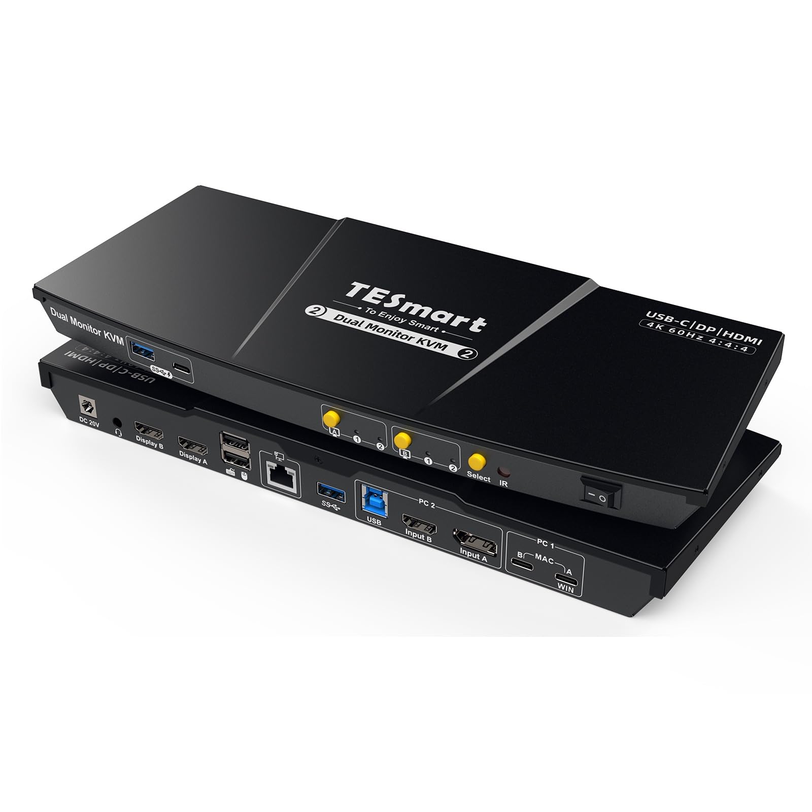TESmart Switch KVM Ibrido HDC202 Prime 23 Doppio Monitor 2x2 HDMI USB C KVM Switch 4K 60Hz Hub USB 3.0 LAN Gigabit Ricarica PD per 2 Computer Tastiera Mouse Ufficio Casa