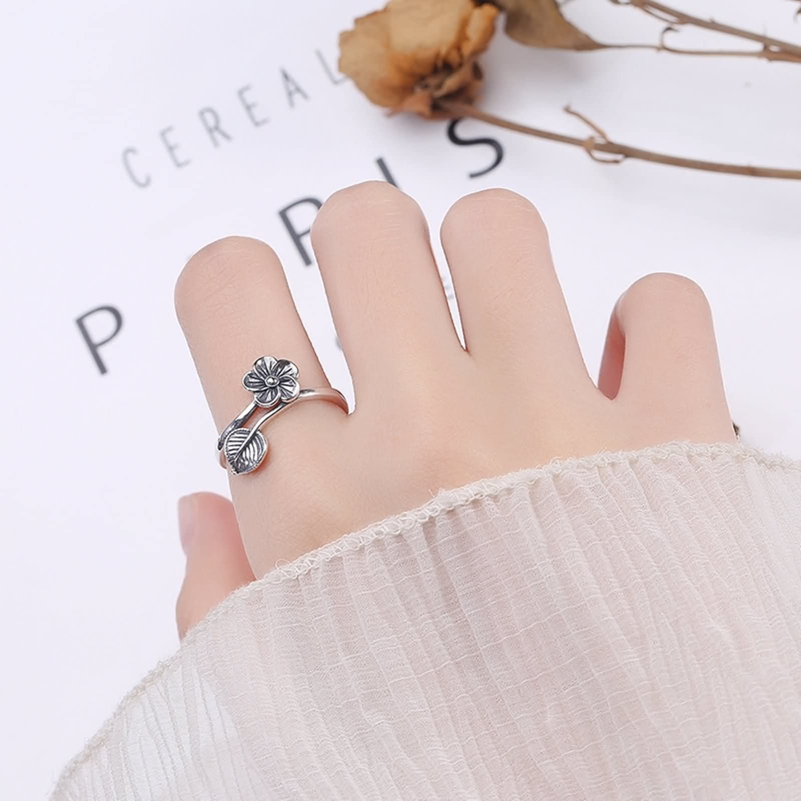 Anelli regolabili a foglia, anelli di fiori per donna in argento Sterling regolabile gioielli alla moda per lei, Adjustable, Argento sterling, Nessuna pietra preziosa