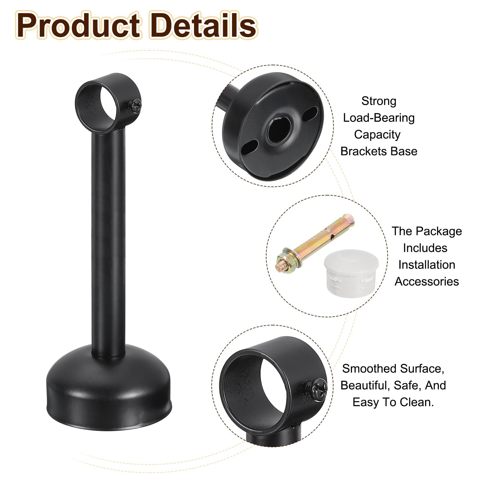 QUARKZMAN 4 Set Support Tringle Fixer Au Plafond, pour Tringle 25mm/0.98" Longueur 200mm/7.87" Crochets Acier Inoxydable pour Tringle Rideau pour Murs Placard Tringle Rideau, Noir