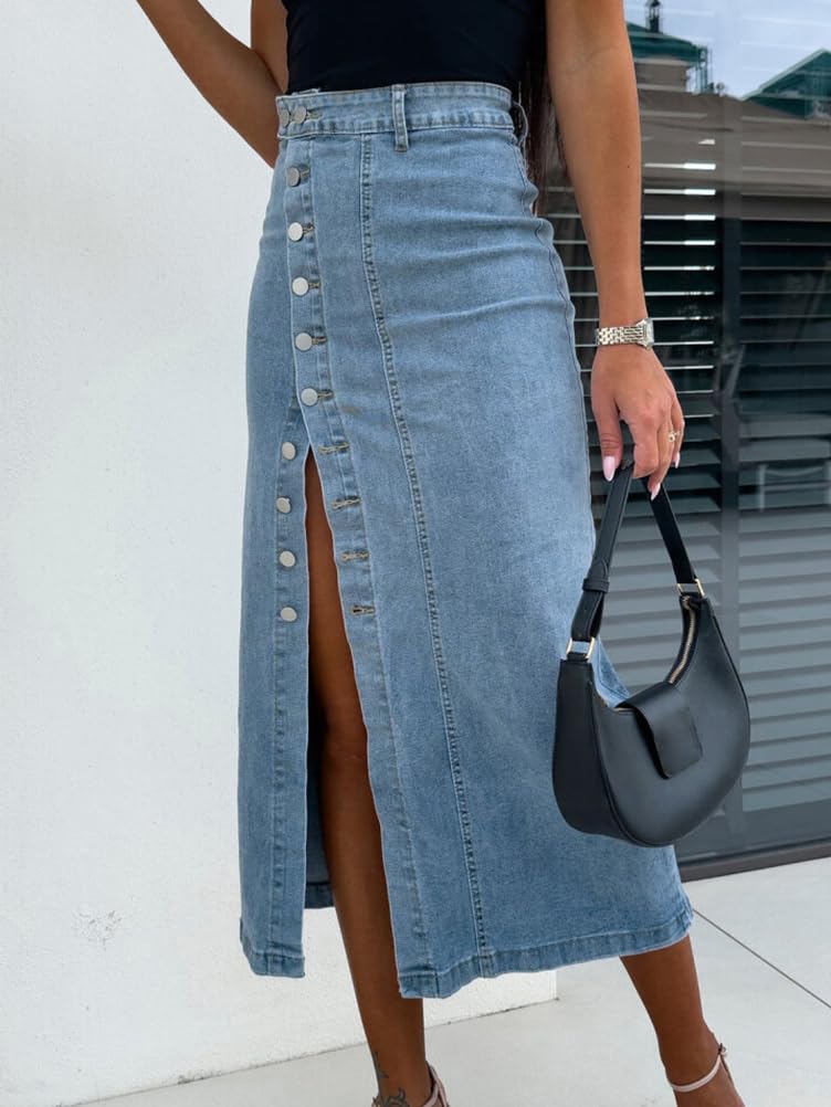 Gonna di Jeans Donna Lungo con Bottoni Spacco Midi Gonne Denim a Vita Alta Retro Chic Elegant Skirts
