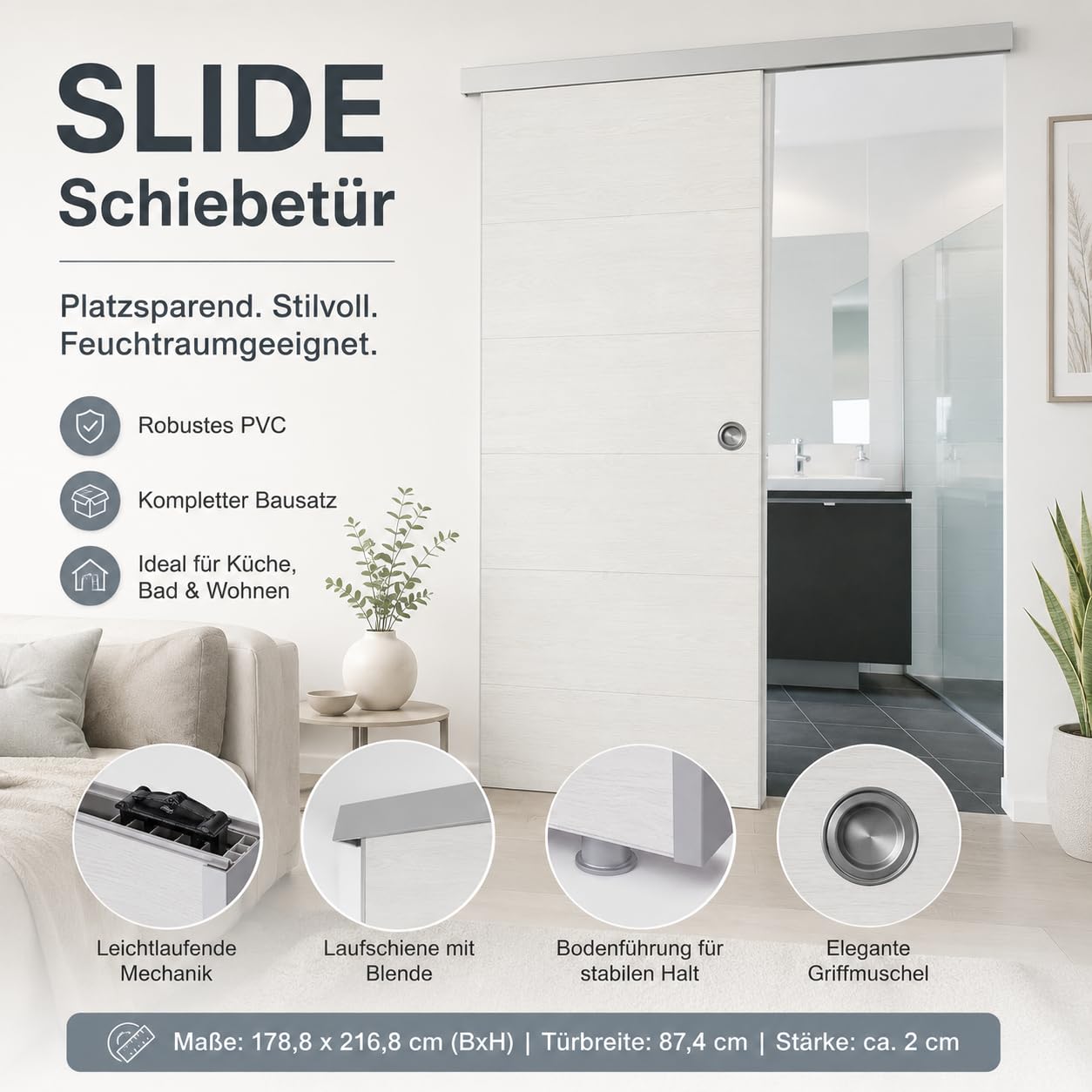 Puerta corredera de plástico, Grosfillex, 79450C06, kit completo, 87,4 x 216,8 cm, color madera blanco