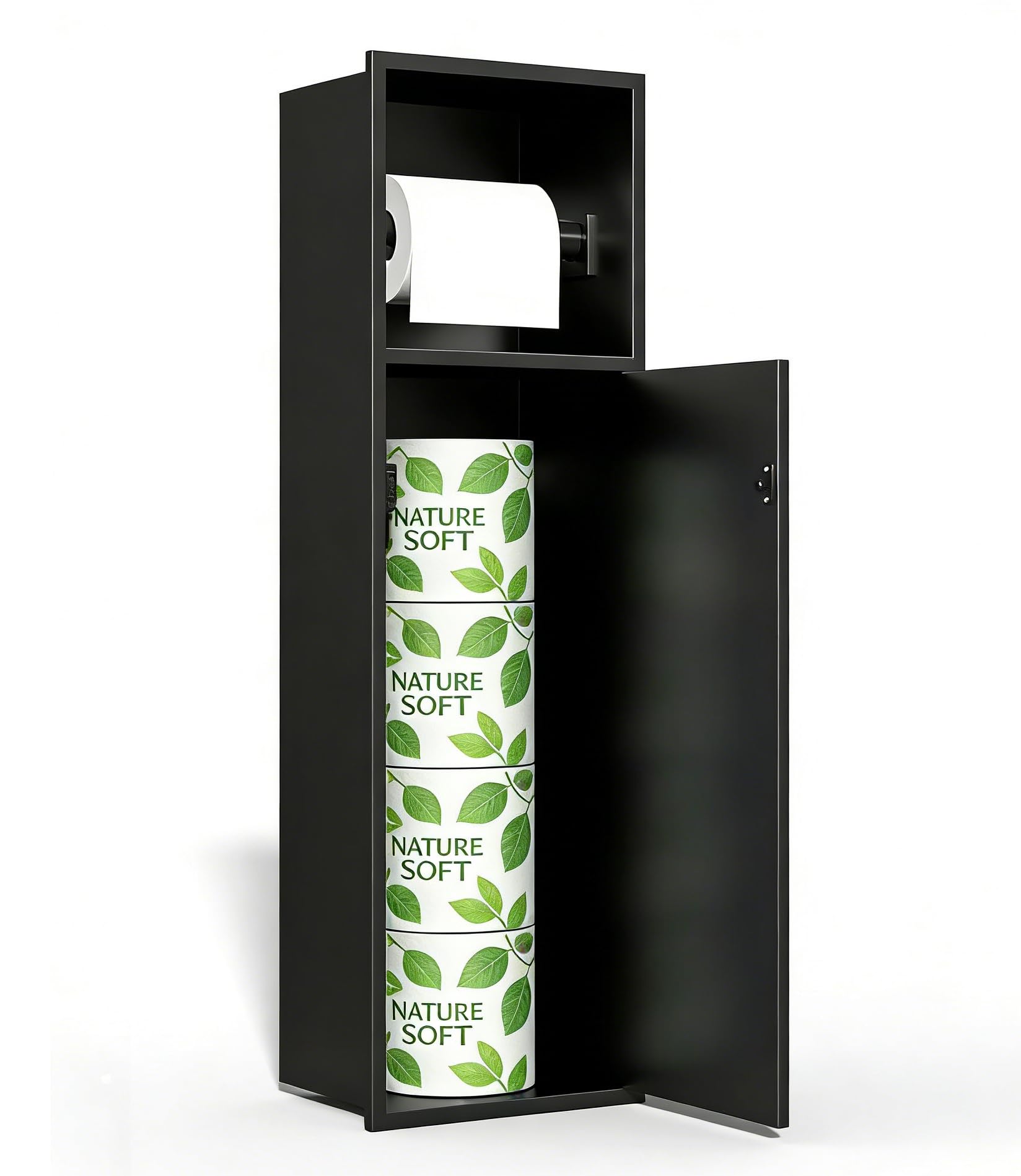Portarrollos de Papel Higiénico Empotrado de Acero Inoxidable, Módulo de Armario Empotrado, Armario de Baño con Portarrollos para el Conjunto de Escobillas, Gabinete Negro Mate 66x18x15cm