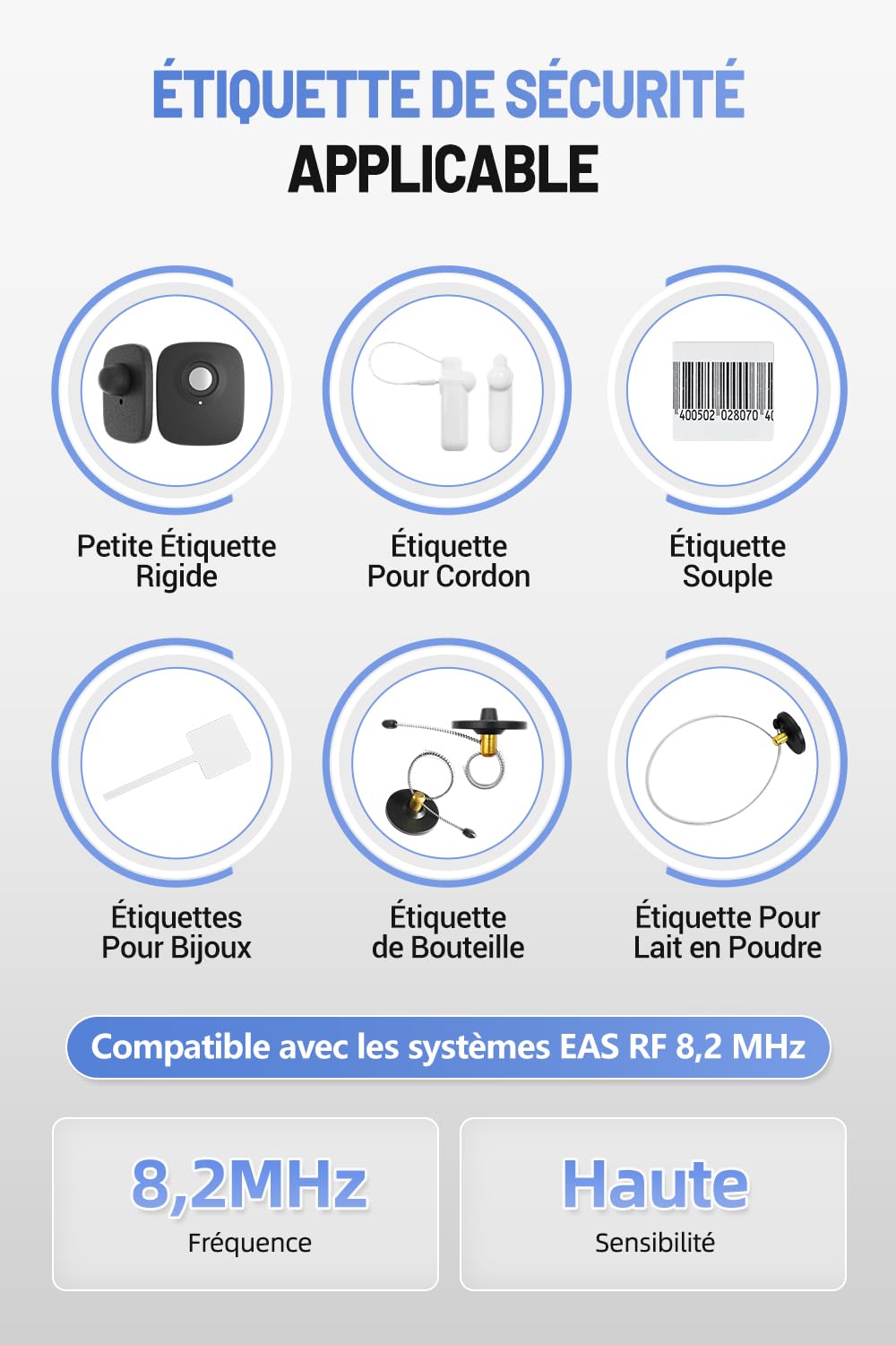 Portique Antivol RF 8,2 MHz, Système Antivol Magasin avec Détection Stable, Alarme Sonore et Lumineuse, 100 Étiquettes RF et Accessoires Complets pour Boutiques, Blanc
